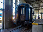 Der Speisewagen der Gattung WR, CIWL N 4249 der Blauwe Roemeen (Blauer Rumne), ex CIWLT 51 66 08-50 091-9 am 29 April 2025 im Het Spoorwegmuseum (bis 2005 NSM - Nederlands Spoorwegmuseum /