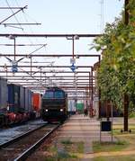 Nachschuss auf die BLSR TMZ 1419(9174 001 1419-1)die hier am Bhf Padborg vorbei dieselt und wenig später mit ihrem Güterzug diesen wieder verlässt. 08.08.2014
