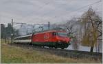 Eine SBB Re 460 mit ihrem IR 90 kurz nach Villeneuve auf dem Weg nach Brig.