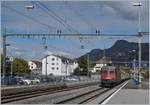 Die SBB Re 6/6 11608 (Re 520 008-3)  Wetzikon  fhrt mit einem Gterzug in Villeneuve durch.