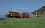 50 Jahre Blonay Chamby - Mega Bernina Festival: Das RhB Bernina Bahn Krokodil Ge 4/4 182 und der RhB ABe 4/4 35 mit ihrem Riviera Belle Epoque Zug bei Sonzier auf der Fahrt nach Chaulin.