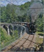 Die LEB G 3/3 N° 5 (Baujahr 1980) verlässt bei Vers Chez Rober den Baye de Clarens Viadukt.