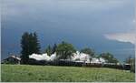 50 Jahre Blonay - Chamby; Mega Steam Festival: Gleich zwei Mallet Dampfloks bemühen sich um den langen Personenzug von Blonay nach Chamby: an der Spitze die La Traction - Dampflok C.P E 164 und