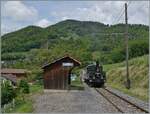 Die LEB G 3/3 N° 5 der Blonay-Chamby Bahn erreicht mit ihrem Dampfzug von Blonay nach Chaulin den Halt Cornaux.