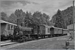 Das CTVJ (Compagnie du Train à Vapeur de la Vallée de Joux) Tigerli E 3/3 8494 (UIC 90 85 0008 494-6) der SLM mit Baujahr 1909 wird im Museumsgelände der CTVJ in Le Pont für die Nachmittagsfahrt nach Le Brassus vorbereitet. 23. Juli 2023