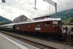 Swiss Classic Rail Sonderzug mit BLS Schlachtschiff 208 in 2.Position steht in Frutigen am 30 Juni 2013.