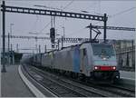 Die 186 498 (Railpool) und die BLS 475 417 warten mit einem Transitgterzug in Spiez auf die baldige Weiterfahrt nach Basel.