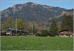 Der von Sarah Morris gestaltete Lenkerpendel  Monarch , bestehend aus ABt 341, Be 4/4 5001 und Bt 241, unterwegs als Regionalzug 2418 von Rougemont in die Lenk zwischen Saanen und Gstaad.