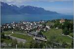 Vor dem Hintergrund des Genfers See und der Savoyer Alpen überquert ein CEV MVR ABeh 2/6 Zug bei Châtelard VD auf einer Brücke gerade die Autobahn A9. 

10. Mai 2020