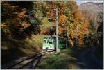 Der ASD BDe 4/4 402 ist im bunten Herbstwoald oberhalb von Aigle unterwegs.