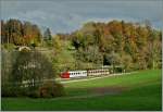 Ein bunter TPF Regionalzug auf der Fahrt von Chtel St-Denis nach Palzieux.