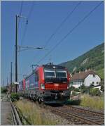 Zwischen Ligerz und Twann ist die SBB Cargo 193 064 mit einer weitern und einer  kalten  Re 4/4 II mit einem Güterzug auf er Fahrt in Richtung Biel/Bienne. 
19. Juni 2025