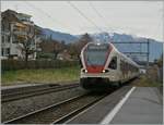 Der SBB Flirt RABe 523 014 als S3 nach Allaman erreicht den Halt La Tour de Peilz.