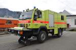 Rettungsfahrzeug Schiene/Strasse der Feuerwehr Lavin (RhB) Xm 2/2 9928, hier ausgestellt im Depotgelnde Landquart zum Jubilum 125 Jahre RhB am 10.05.2014.