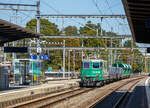 Die BAM (MBC) Re 4/4 II / Re 420 (91 85 4 420 506-8 CH-MBC), hat am 07.09.2023, mit einem Kieszug / Aushubzug Gland - Morges (- Apples), den Bahnhof Morges erreicht.