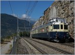 Der  Blaue Pfeil  der BLS, der BCFe 4/6 736 als Regio Express 31161 von Bern nach Brig kurz nach der Abfahrt in Lalden.