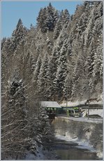 Vor lauter schöner Landschaft kaum zu sehen: ein BLS Lötsberger fährt bei Trubschen im Emmental dear Ilfis entlang.