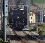 Huttwiler Dampftage. 

Ed 3/4 51 der Bern-Schwarzenburg-Bahn auf Rangierfahrt in Huttwil. Dampflokfans sind offenbar nicht ausschlielich Zweibeiner, wie man bei genauer Betrachtung des Bildes erkennt. Oktober 2023.