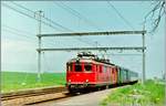 Die SBB Re 4/4 I 10035 erreicht mit ihrem Regionalzug von Vallorbe nach Lausanne den Bahnhof von Arnex.