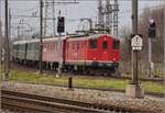 Re 4/4 I 10009 kam in Pratteln überraschend um die Ecke.