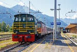   Die italienische Dieselrangierlok D.245.2230 (98 83 2245 430-3 I-TI) der Trenitalia (100-prozentige Tochtergesellschaft der FS), zieht am 16.09.2017 in Domodossola die schweizerische SBB Re 420