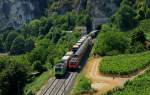 Unterhalb des Isteiner Klotzes begegnen sich am 16.07.2015 die BLS Cargo 485 001 und ein RE von Basel Badischer Bahnhof nach Freiburg