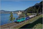 Die beiden Re 4/4 III 114 und 111 sind kurz vor Villeneuve mit einem Güterzug auf der Fahrt Richtung Wallis, im Hintergrund ist das Château de Chillon zu erkennen. 

11. Okt. 2019