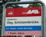(127'964) - AFA-Haltestellenschild - Adelboden, Oey, Schtzenbrcke - am 11.