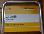 (163'788) - PostAuto-Haltestellenschild - Habkern, Zundli - am 23. August 2015