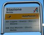 (242'825) - PostAuto-Haltestellenschild - Melide, Stazione - am 16.