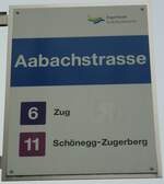 (138'014) - Zugerland Verkehrsbetriebe-Haltestellenschild - Zug, Aabachstrasse - am 6.