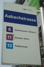 (138'043) - Zugerland Verkehrsbetriebe-Haltestellenschild - Zug, Aabachstrasse - am 6.