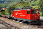 Die letzte Tunnellokomotive MGB Ge 4/4 III - 81 „Wallis“ der Matterhorn-Gotthard-Bahn ex FO MGB Ge 4/4 III - 81, steht am 07 September 2021 mit einem Furka-Autoverladezug beim Bahnhof