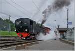 Herrlich dampfend rangiert die G 2x 2/2 105 der Blonay - Chamby Bahn in Blonay.
