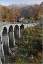 Die Blonay-Chamby G 2x 2/2 105 dampft vor dem Hintergrund einer herbstliche Landschaft über den Baye de Clarens Viadukt nach Blonay.