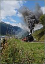 100 Jahre Brig - Gletsch: Nocheinmal ein Bild der prächtig rauchenden HG 3/4 der DFB auf Fahrt nach Gletsch gleich nach der Abfahrt in Oberwald.