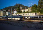 Die MOB Ge 4/4 8004 ist am 07.09.2023 mit einem GPX - GoldenPass Express (Stadler GPX-Wagen mit variablem Drehgestellen) beim Bahnhof Montreux abgestellt.