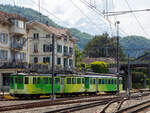 Der TPC Triebwagen AL BDeh 4/4 301 „Aigle“ ist mit dem Steuerwagen AL Bt 351am 28.05.2023 beim Bahnhof Aigle (Waadt) abgestellt.