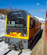 Die RhB Gmf 4/4 23402 „Engadin“ (D2), ex Gmf 4/4 28704, am 20.02.2017 im Bahnhof Pontresina.