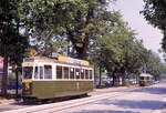 Die Ablieferung des Be8/8 13 am 28.Juni 1973: Standardwagen 104 fährt voraus, und der neue Wagen 13 kommt mit eigener Kraft hinterher.