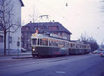 Die alten Berner Zweiachs-Anhänger: Vorserien-Anhänger 228 ist hier einem Standard-Tramzug (125-340-228) mitgegeben auf einer durchgehenden Verbindung Ostring - Guisan Platz.