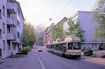 Das Ende naht - die Bernmobil Be4/8 von ACMV Vevey aus dem Jahr 1990: Wagen 731 nimmt die Steigung zur Cäcilienstrasse hinauf in Angriff, unterwegs ins Fischermätteli.