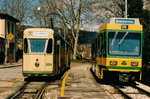 TN/TRN: Gemischter Trambetrieb mit dem Be 4/6 594, ehemals Genua und einem neuen Pendelzug in Colombier im Jahre 1985.