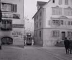 Strassenbahn Schwyz-Brunnen in Schwyz im Herbst 1963.