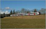 Kurz vor Palézieux Village ist dieser  Domino -Zug auf der Strecke von Payerne nach Lausanne unterwegs.