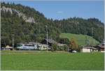 Die BLS Re 4/4 II 501 wartet mit ihrem EW III RE von Interlaken Ost nach Zweisimmen in Boltigen auf den Gegenzug.