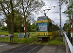 Hochflurfahrzeug Be 4/4 502, Baujahr 1981, der Neuenburger Tram im Park bei Auvernier.