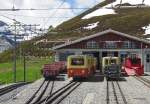 Fahrzeugparade vor dem Lokschuppen der Jungfraubahn auf der Kleinen Scheidegg am 15.06.2013.