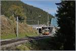 Blick auf die Umsteigestation Grtschalp mit dem auf die Abfahrt wartenden Be 4/4 28.