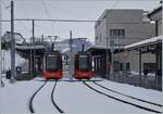 In Trogen stehen die beiden AB ABe 8/12 (Tango) 4103 und 4113; während der ABe 8/12 4103 hier wendet und nach Spicher (via St. Gallen) zurück fahren wird, ist er  ABe 8/12 4113 auf dem Weg nach Appenzell.

22. März 2021